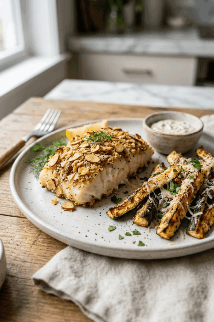 Almond-Crusted Halibut and Zucchini Fries