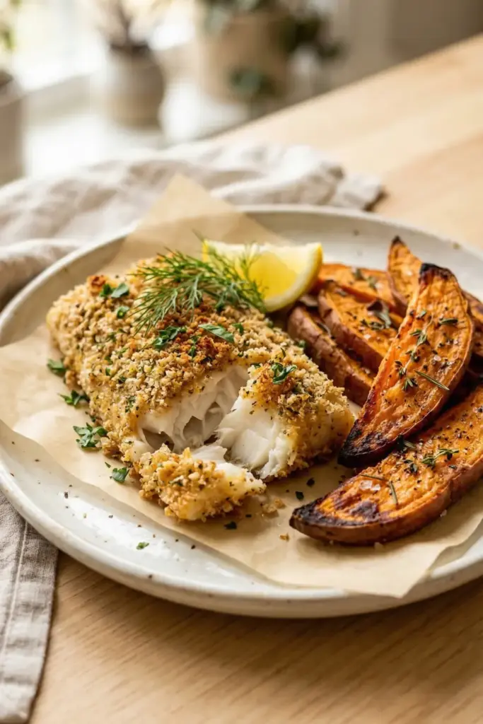 Classic Baked Cod with Sweet Potato Wedges