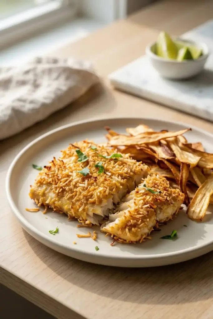 Coconut Shrimp-Style Mahi Mahi and Parsnip Chips