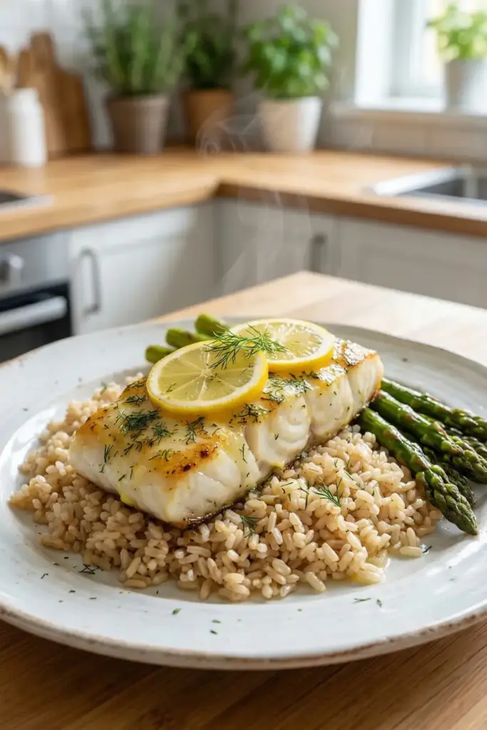 Classic Lemon Herb Cod Over Brown Rice