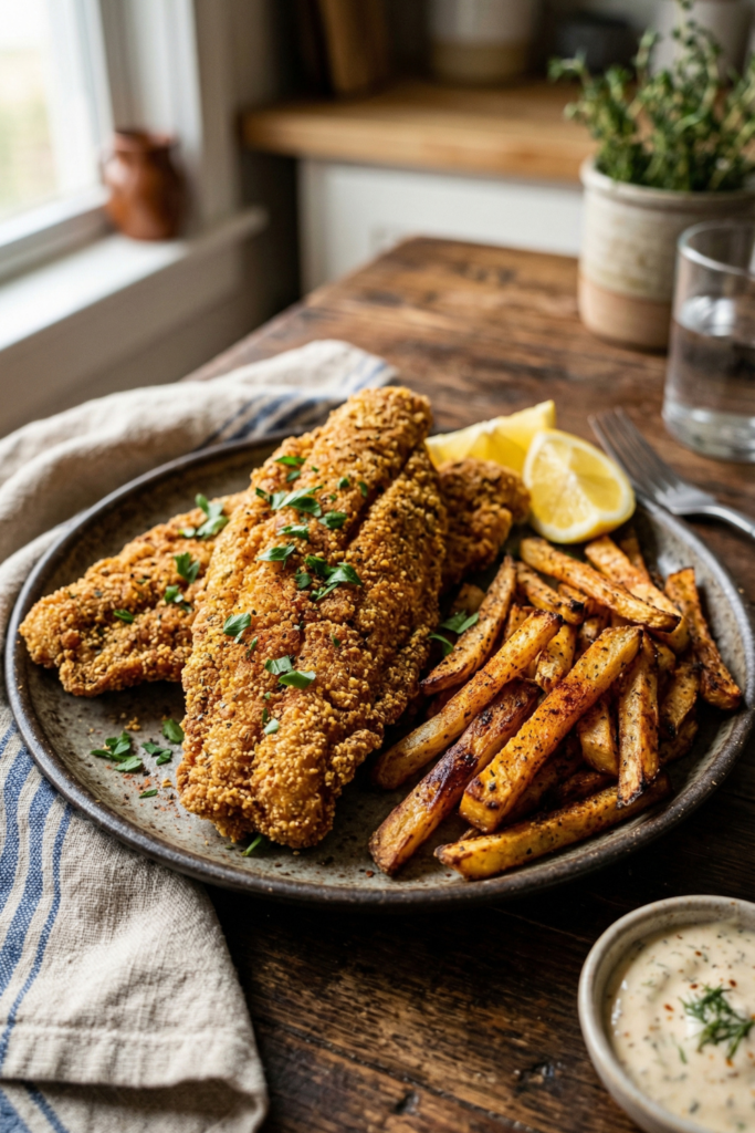 Cornmeal-Coated Catfish and Turnip Fries