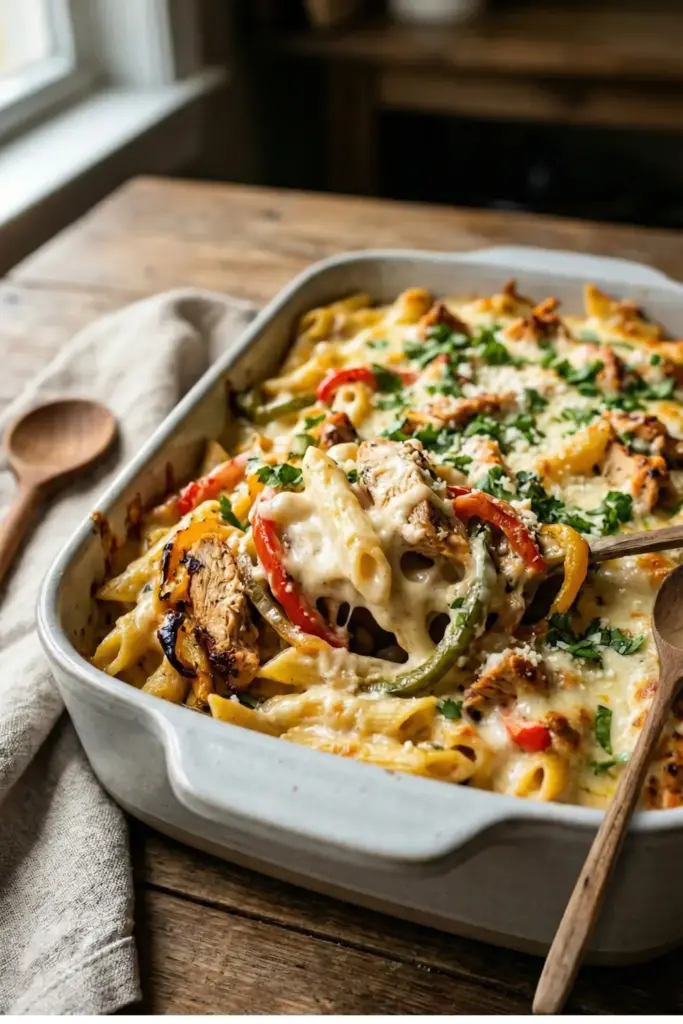 Creamy Queso Fajita Pasta Casserole
