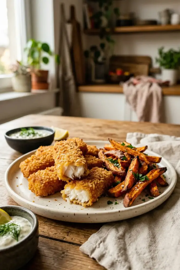 Crispy Baked Fish Sticks with Sweet Potato Fries