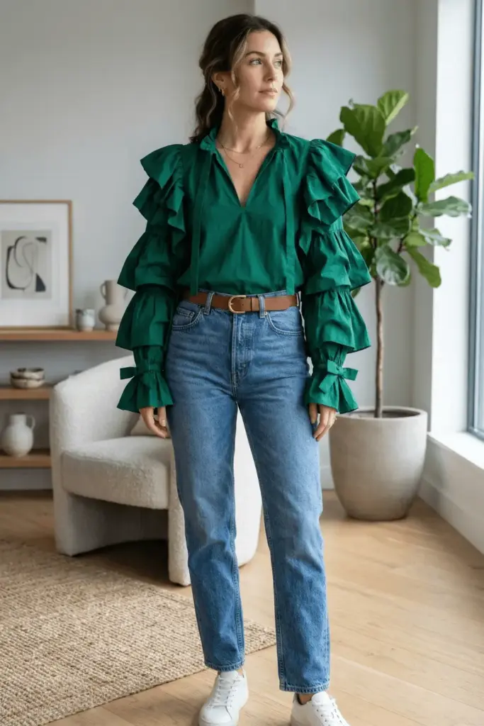 High-Rise Jeans and Statement Blouse