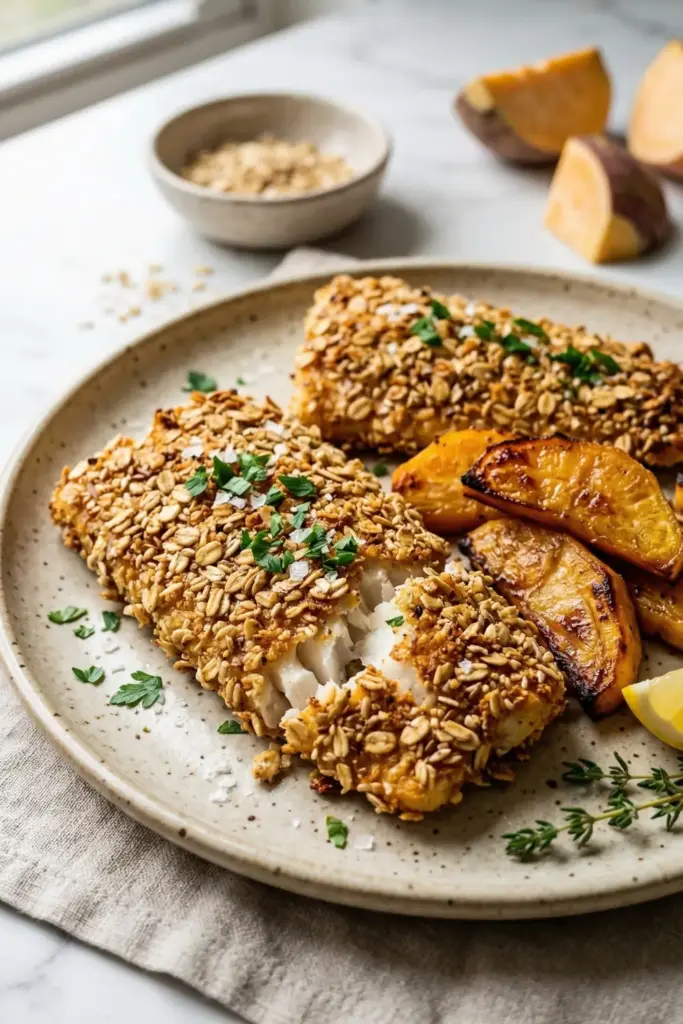 Oat-Crusted Pollock and Rutabaga Wedges