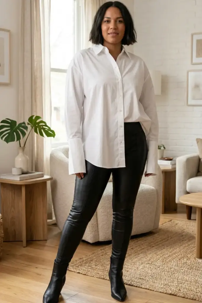 Oversized Button-Down with Leather Leggings
