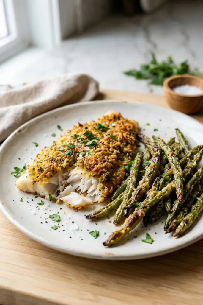 Parmesan-Baked Flounder and Green Bean Fries