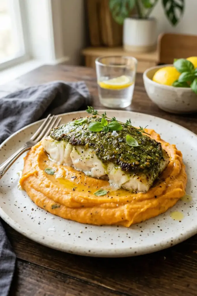 Pesto Crusted Grouper with Mashed Sweets