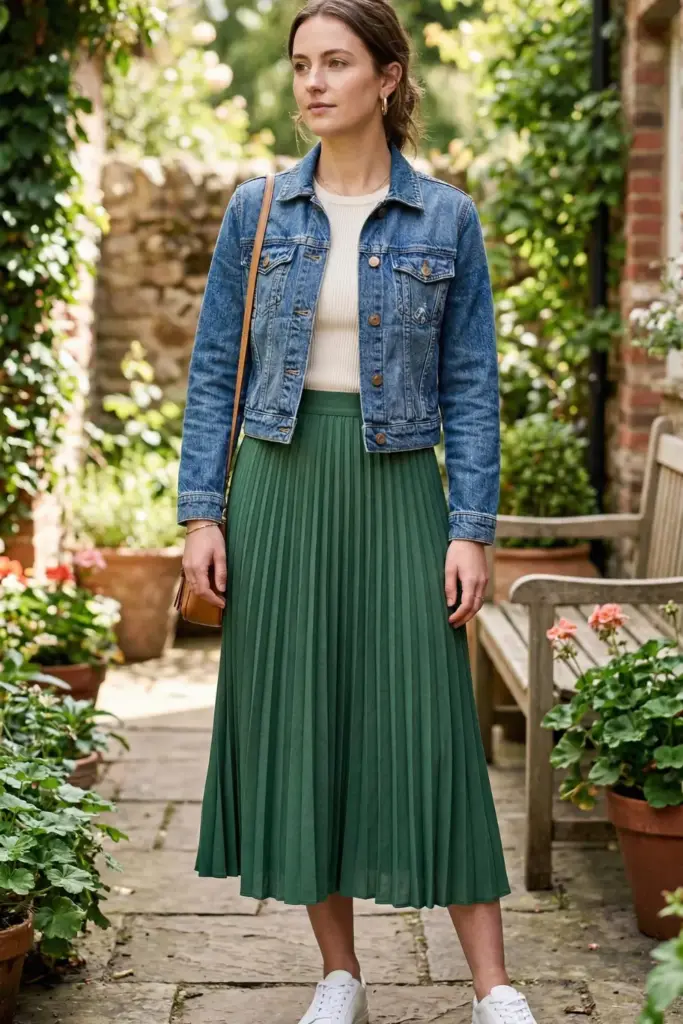 Pleated Skirt and Cropped Denim Jacket