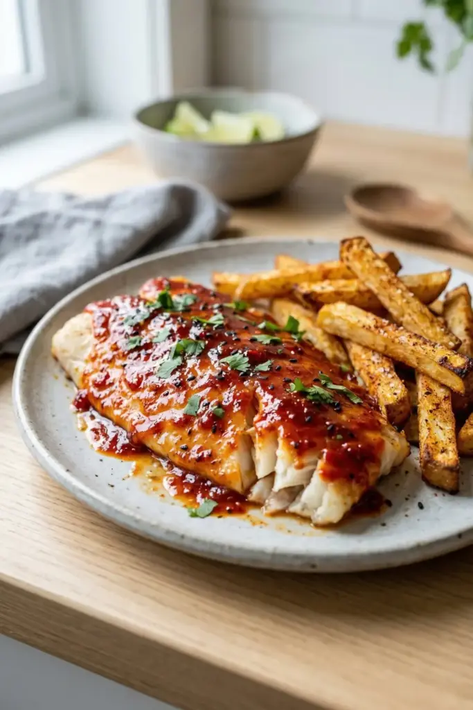 Spicy Sriracha Haddock and Jicama Fries