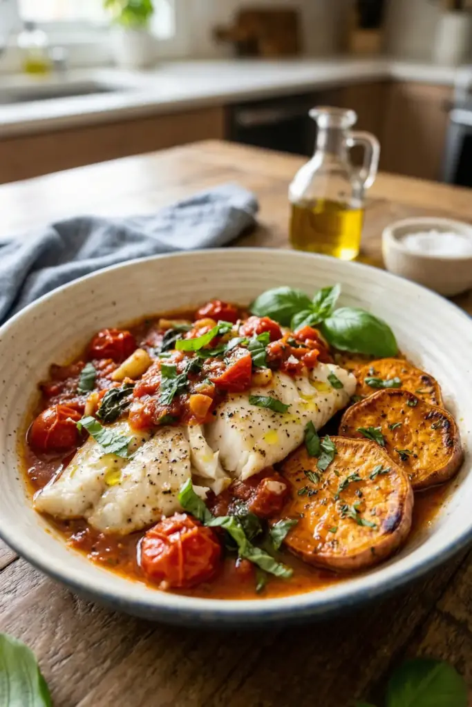 Tomato Basil Flounder Bake