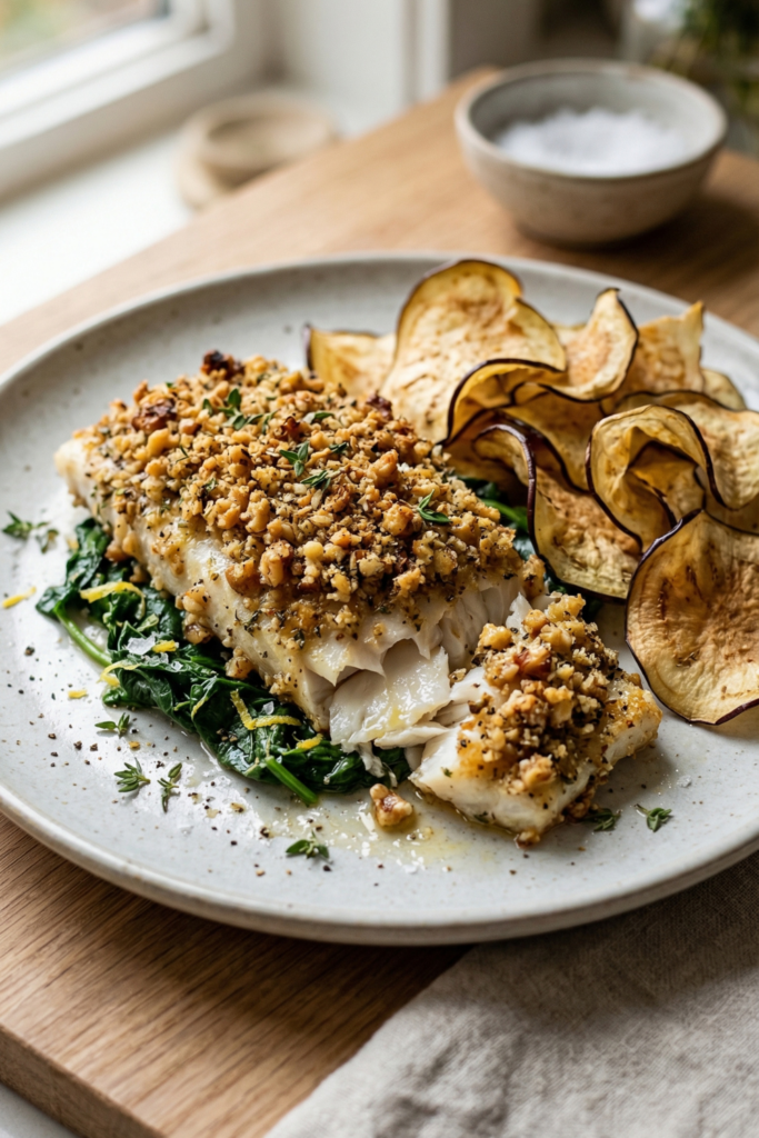 Walnut-Crusted Sea Bass and Eggplant Chips