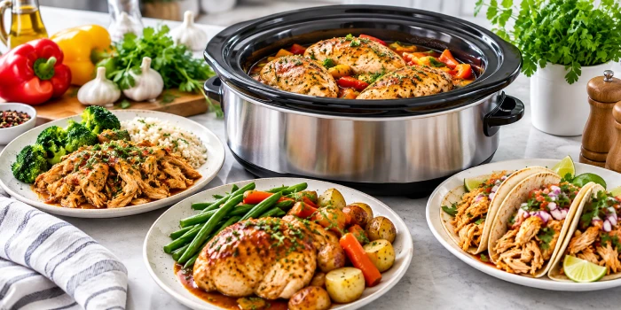 A modern slow cooker filled with tender seasoned chicken breasts and colorful vegetables, surrounded by easy chicken dinner plates with rice, broccoli, potatoes, green beans, and shredded chicken tacos for busy days.