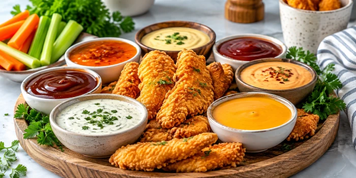 Crispy golden chicken fingers served with a variety of homemade dipping sauces, including honey mustard, buffalo, barbecue, ranch, ketchup, and creamy cheese sauce, arranged on a wooden serving platter.