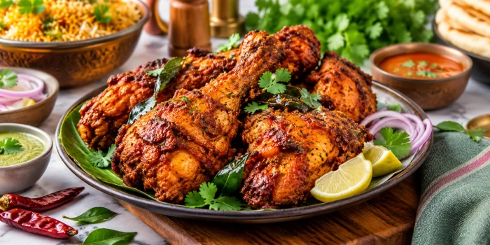 Crispy golden chicken fry pieces coated in aromatic Indian spices, garnished with fresh cilantro, curry leaves, red onion, and lemon wedges, served with chutneys and rice for delicious Indian food inspiration.