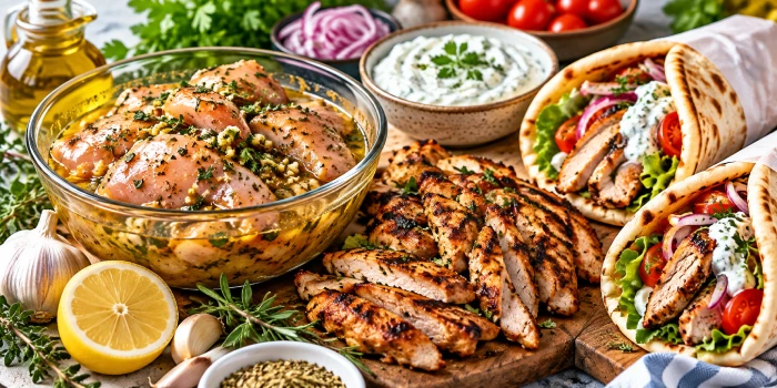 Best chicken gyro marinades with juicy herb-marinated grilled chicken, warm pita gyros, creamy tzatziki, fresh tomatoes, lettuce, red onion, lemon, garlic, and herbs on a rustic serving board.