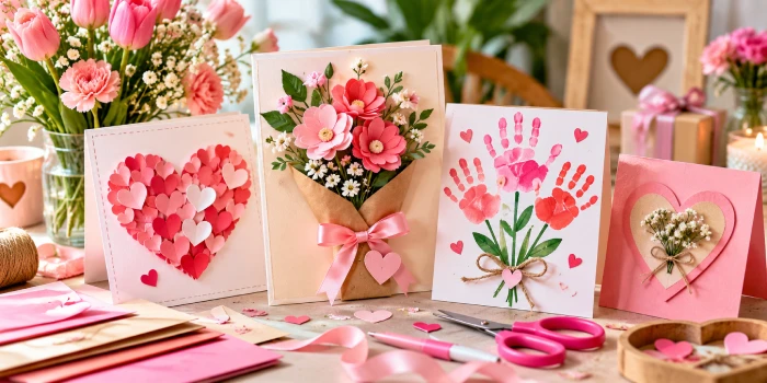 Best DIY Mother's Day cards featuring easy handmade ideas with paper flowers, heart designs, ribbons, and colorful floral decorations for a thoughtful homemade gift.