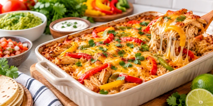 Best Easy Chicken Fajita Casserole Recipe with tender seasoned chicken, melted cheese, colorful bell peppers, onions, and fresh cilantro baked in a creamy golden casserole.