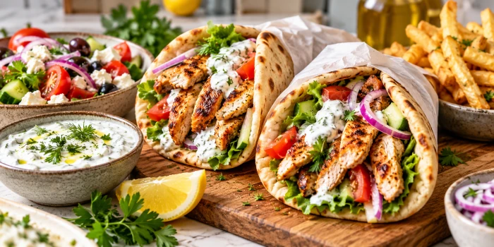 Two grilled chicken gyros filled with seasoned chicken, lettuce, tomatoes, cucumber, red onion, and creamy tzatziki, served with Greek salad, fries, lemon, and fresh herbs for flavorful meal inspiration.