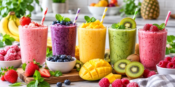 Best easy frozen fruit smoothie recipe ideas featuring vibrant strawberry, blueberry, mango, kiwi, and raspberry smoothies topped with fresh fruit and mint in a bright modern kitchen.