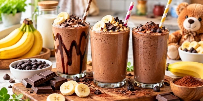 Three creamy healthy chocolate smoothies for kids served in colorful glasses with bananas, strawberries, chocolate, cocoa, and playful toppings in a bright kitchen setting.