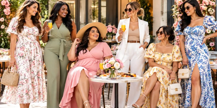 A vibrant Mother’s Day brunch fashion scene featuring women with diverse body types wearing stylish spring dresses, floral prints, a tailored white suit, and a chic wrap jumpsuit at an elegant outdoor brunch.