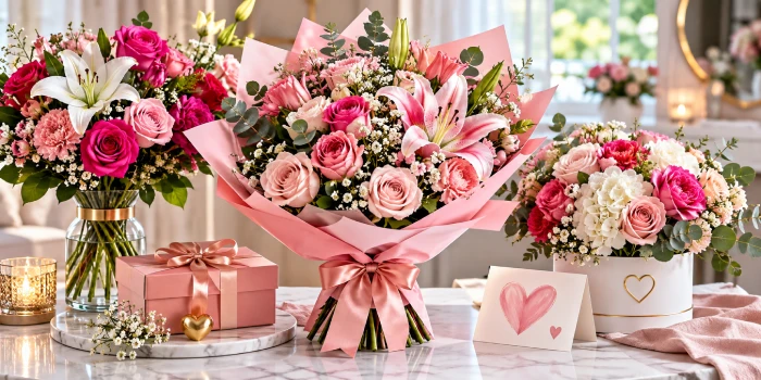 Beautiful Mother’s Day flower and bouquet ideas featuring lush pink roses, lilies, carnations, white hydrangeas, eucalyptus greenery, elegant floral gift arrangements, and a romantic pastel setting.