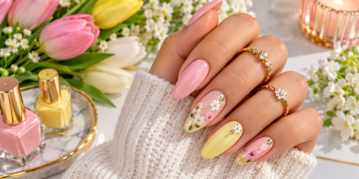 Bright almond nail designs for spring featuring glossy pink nails, delicate floral accents, pastel colors, gold details, and fresh spring flowers in a feminine beauty setting.