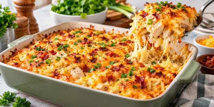 Golden chicken hashbrown casserole topped with melted cheddar cheese, crispy bacon, green onions, and herbs, served hot from a modern baking dish.