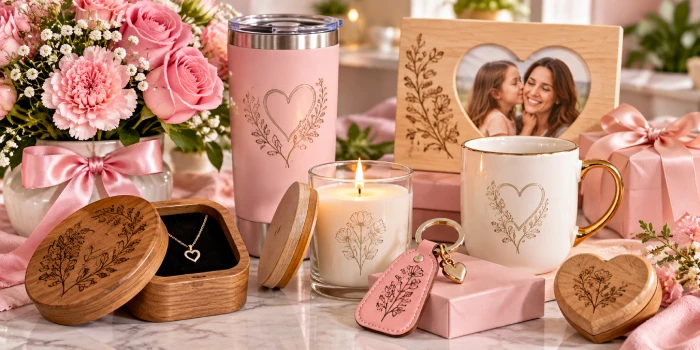 Creative Mother's Day engraved gift ideas for Mom featuring personalized wooden keepsake boxes, engraved heart jewelry, floral mug, tumbler, candle, keychain, pink gift boxes, and fresh flowers arranged on a marble table.