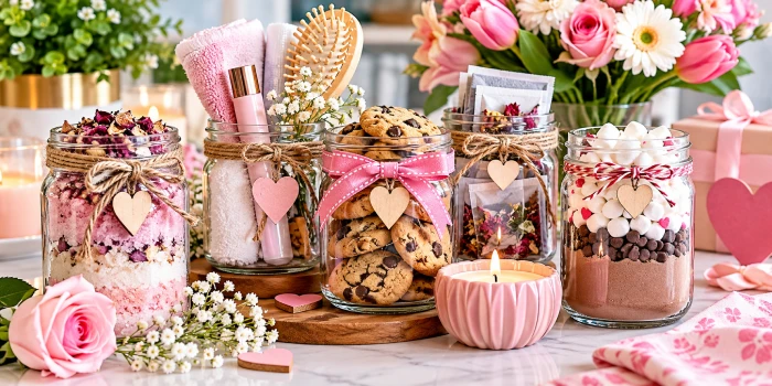 Beautiful DIY Mother's Day mason jar gift ideas featuring decorated glass jars filled with cookies, bath salts, treats, flowers, and handmade gifts with pink ribbons and heart accents.