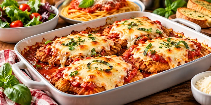 Easy baked chicken Parmesan recipes for weeknight dinners featuring golden breaded chicken topped with marinara sauce, melted mozzarella, Parmesan, and fresh basil in a casserole dish.