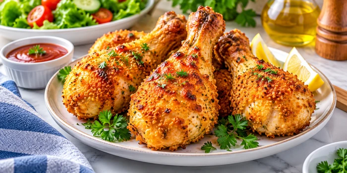 Golden crispy chicken cutlet drumsticks baked in the oven on a white plate, garnished with fresh parsley and lemon wedges, served with dipping sauce.