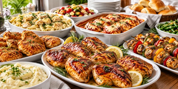 Easy chicken entrees for a crowd featuring juicy glazed chicken, crispy chicken cutlets, cheesy baked chicken, grilled chicken skewers, pasta, mashed potatoes, fresh vegetables, and dinner rolls served buffet-style.