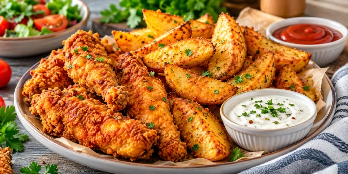 Golden crispy chicken-fried potato wedges served with crunchy fried chicken, creamy dipping sauce, ketchup, and fresh parsley on a rustic platter.