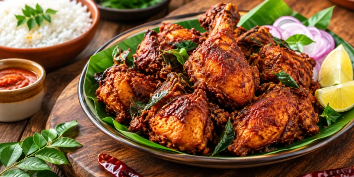 Easy Chicken Fry Recipes in Malayalam Style featuring crispy Kerala-style fried chicken seasoned with aromatic spices, curry leaves, red onion, and fresh lemon wedges.