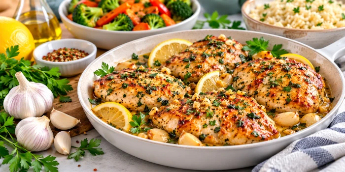Golden garlic chicken breasts cooked in a glossy buttery herb sauce with roasted garlic, lemon slices, fresh parsley, and colorful vegetables for quick, flavorful meals.