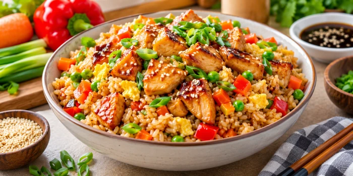 Easy chicken teriyaki fried rice recipes served in a bowl with glossy teriyaki chicken, golden fried rice, scrambled egg, peas, carrots, red peppers, green onions, and sesame seeds.