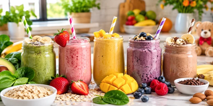 Five colorful easy healthy breakfast smoothies for kids in strawberry, mango, berry, green, and chocolate banana flavors, topped with fresh fruit and oats on a bright kitchen counter.