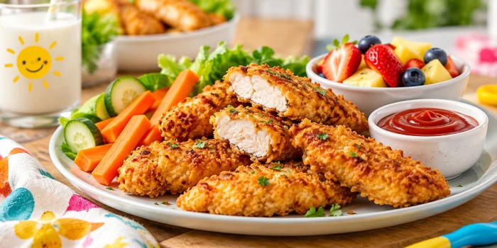 Easy healthy chicken finger recipes for kids featuring crispy golden homemade chicken tenders served with fresh carrot sticks, cucumber, colorful fruit, and dipping sauce.