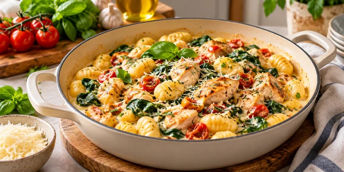 Easy healthy chicken gnocchi recipes served in a creamy skillet with golden gnocchi, tender chicken, spinach, cherry tomatoes, fresh basil, and Parmesan for a cozy homemade meal