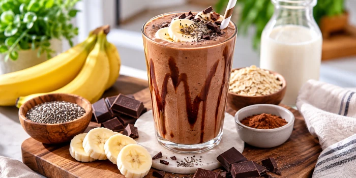 Easy healthy chocolate banana smoothie breakfast served in a glass with fresh banana slices, chocolate shavings, chia seeds, oats, cocoa, and milk on a bright wooden breakfast board