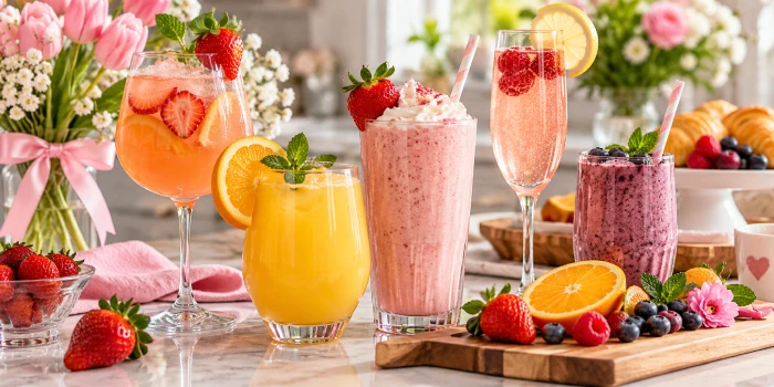 Easy Mother’s Day brunch drinks arranged in elegant glasses with strawberry, orange, raspberry, blueberry, mint, and floral garnishes for a colorful celebratory brunch.