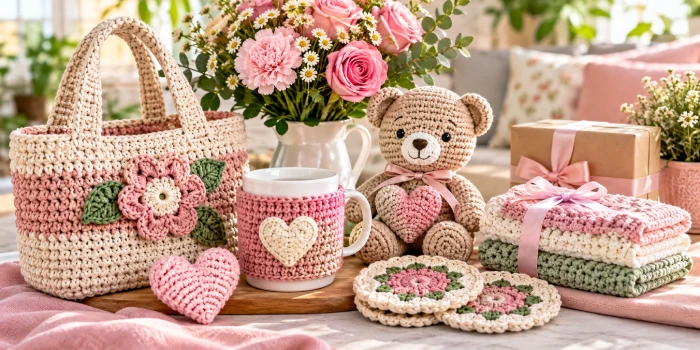 Easy Mother’s Day crochet gifts for beginners featuring a handmade floral crochet tote, heart mug cozy, teddy bear, coasters, and soft pink crochet gifts arranged on a bright table.