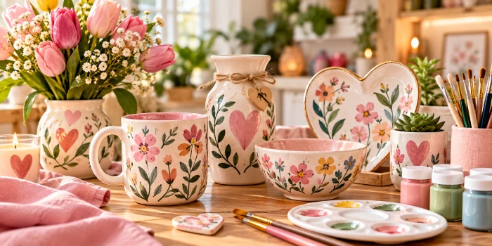 Easy Mother's Day pottery painting ideas featuring beautifully hand-painted floral mugs, vases, bowls, heart-shaped ceramics, pastel paints, brushes, and fresh spring flowers arranged on a bright cozy craft table.