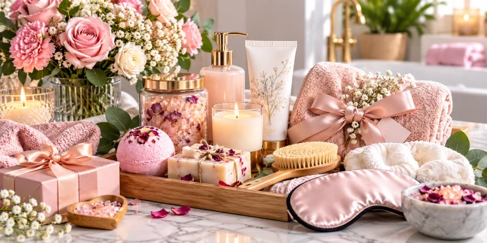 Elegant Mother's Day spa and self-care gift set for Mom with pink bath salts, bath bomb, scented candle, skincare, soap, fluffy towels, sleep mask, and fresh flowers arranged on a wooden tray in a modern bright bathroom.