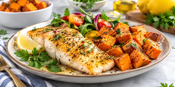 Easy white fish and sweet potato recipes featuring golden herb-seasoned white fish, roasted sweet potato cubes, fresh greens, tomatoes, lemon, and herbs on a serving plate.