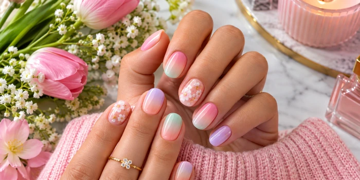 Fresh spring ombre acrylic short nail ideas featuring glossy pastel pink, lavender, peach, and mint gradients with delicate floral accents on short rounded nails.