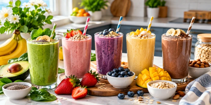 Five colorful healthy breakfast smoothies for busy mornings, including green, strawberry, blueberry, mango, and chocolate smoothies topped with fresh fruit, oats, chia seeds, and nuts on a bright modern kitchen counter.