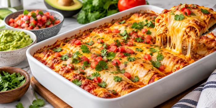 Healthy cheesy low-carb chicken enchilada bake in a white baking dish, topped with melted golden cheese, shredded chicken, red enchilada sauce, diced tomatoes, and fresh cilantro.